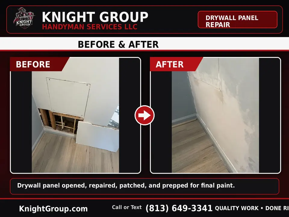 Drywall panel opened, patched, and prepped for paint — before and after from a Knight Group job in Pinellas County
