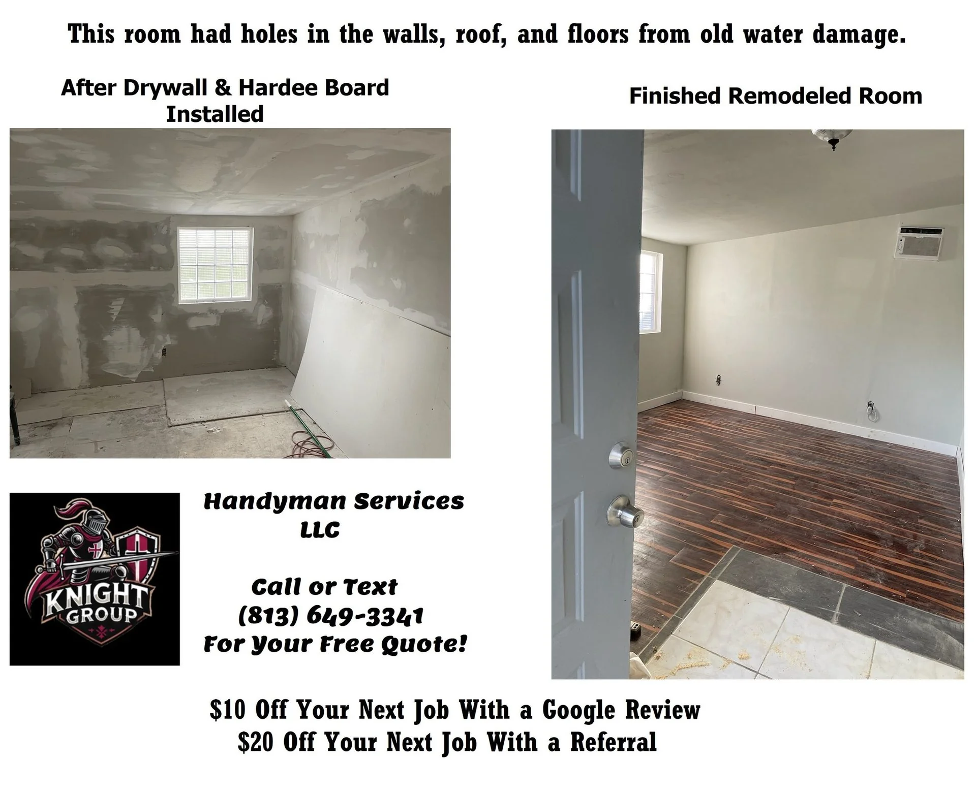 Room restoration before and after — handyman project photo in Pinellas County FL by Knight Group