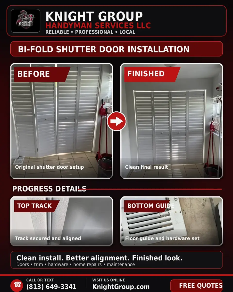 Bi-fold shutter doors realigned — before, track and guide process, and finished doors from a Knight Group job in Pinellas County
