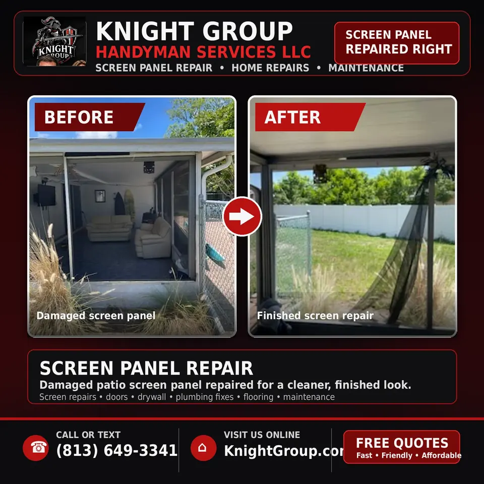 Patio screen panel replaced — before the missing mesh and after the taut new panel, Knight Group job in Pinellas County