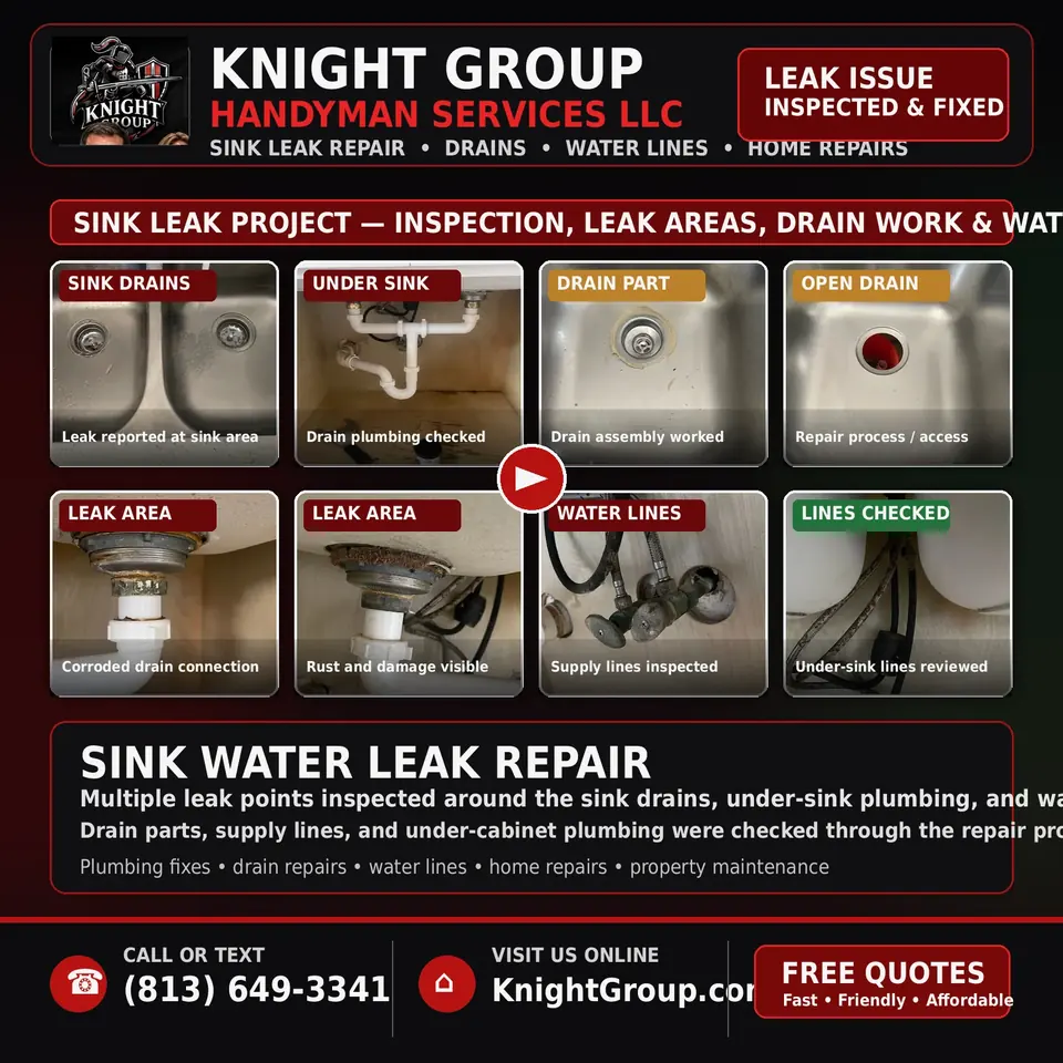 Kitchen sink leak inspected at the drain, trap, and supply lines — Knight Group documents the condition and routes licensed plumbing when required