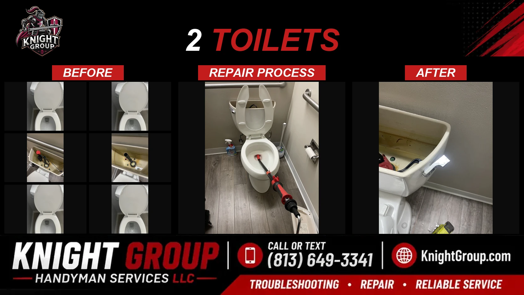 2 toilets before and after — handyman project photo in Pinellas County FL by Knight Group