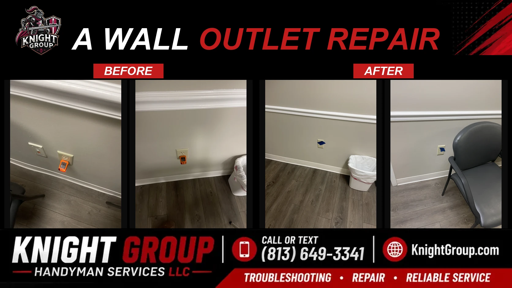 a wall outlet repair before and after — handyman project photo in Pinellas County FL by Knight Group