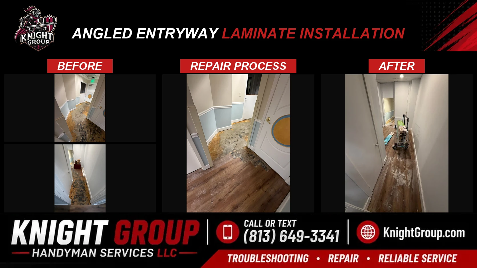 Angled entryway laminate installation before and after — handyman project photo in Pinellas County FL by Knight Group
