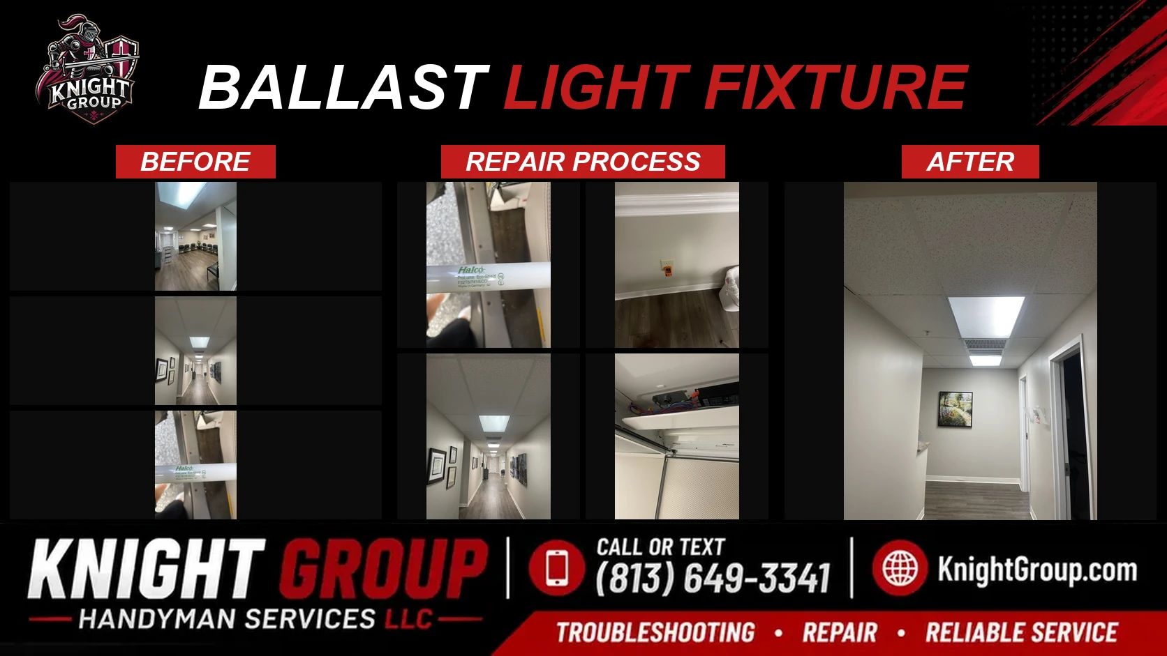 ballast light fixture before and after — handyman project photo in Pinellas County FL by Knight Group
