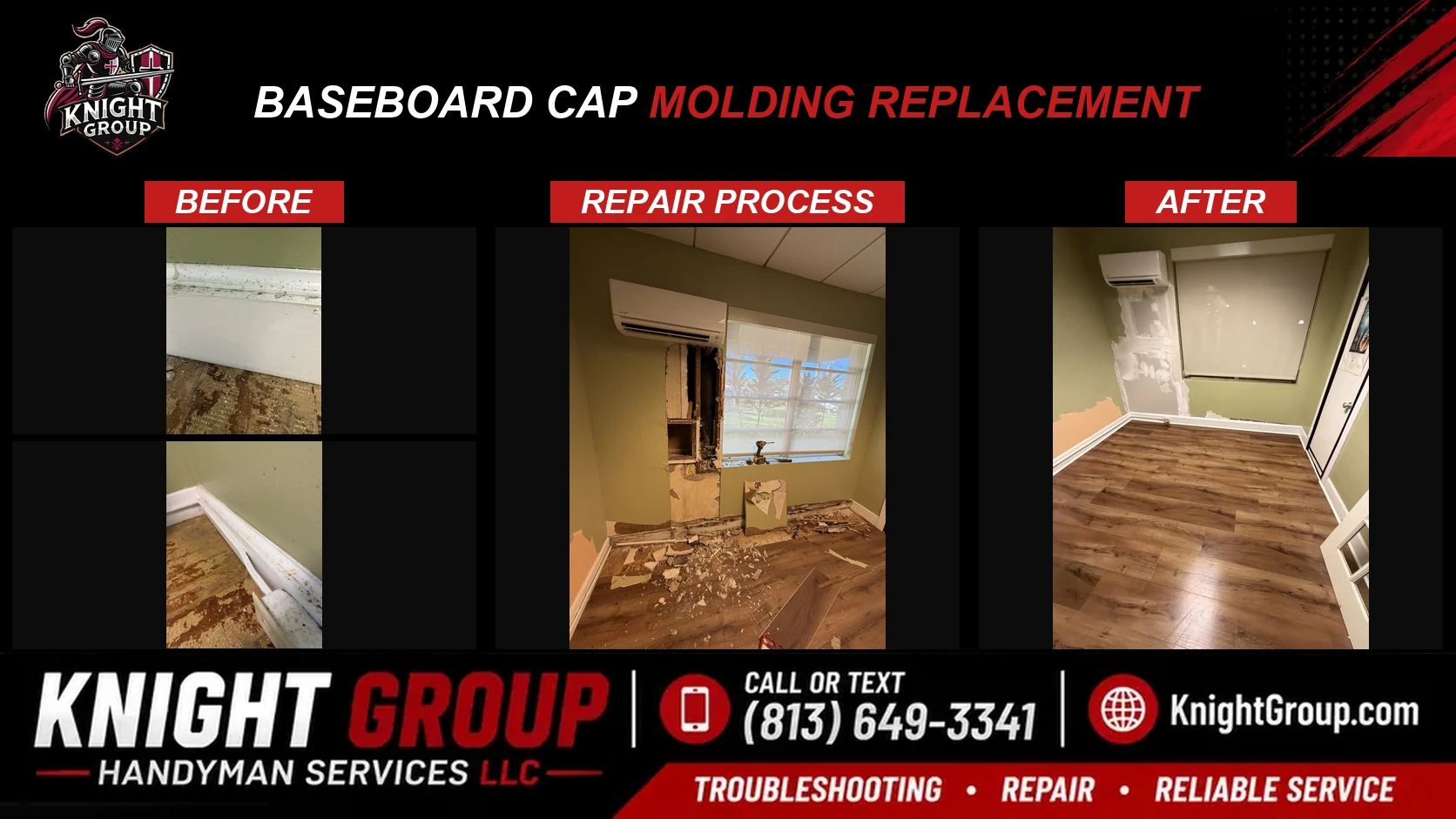 Historical project photo: Baseboard cap molding replacement — before & after