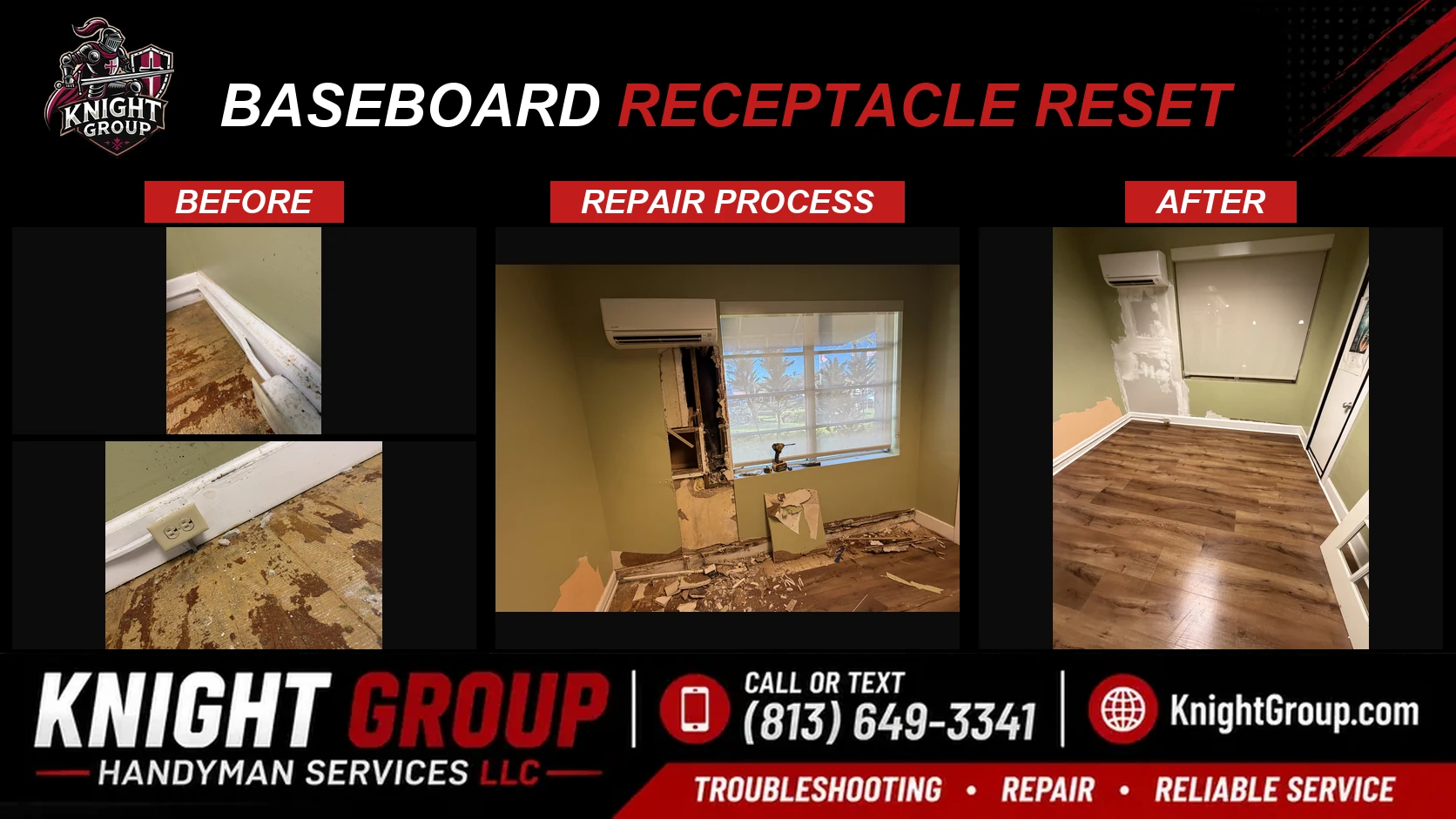 Baseboard receptacle reset before and after — handyman project photo in Pinellas County FL by Knight Group