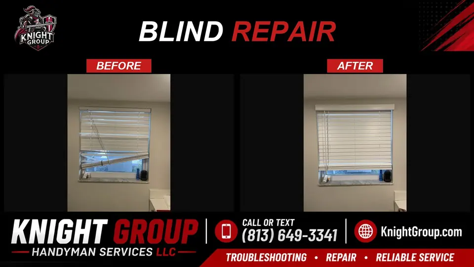 Broken horizontal blinds restrung and leveled — before and after from a Knight Group job in Pinellas County