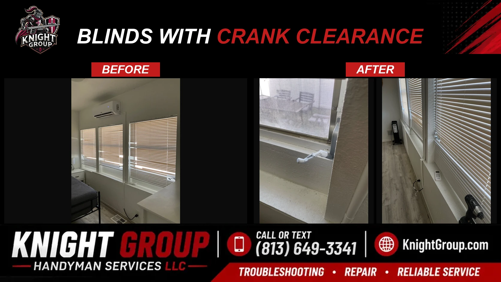 blinds with crank clearance before and after — handyman project photo in Pinellas County FL by Knight Group