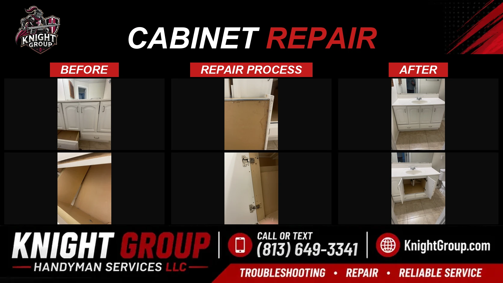 Cabinet repair before and after — handyman project photo in Pinellas County FL by Knight Group