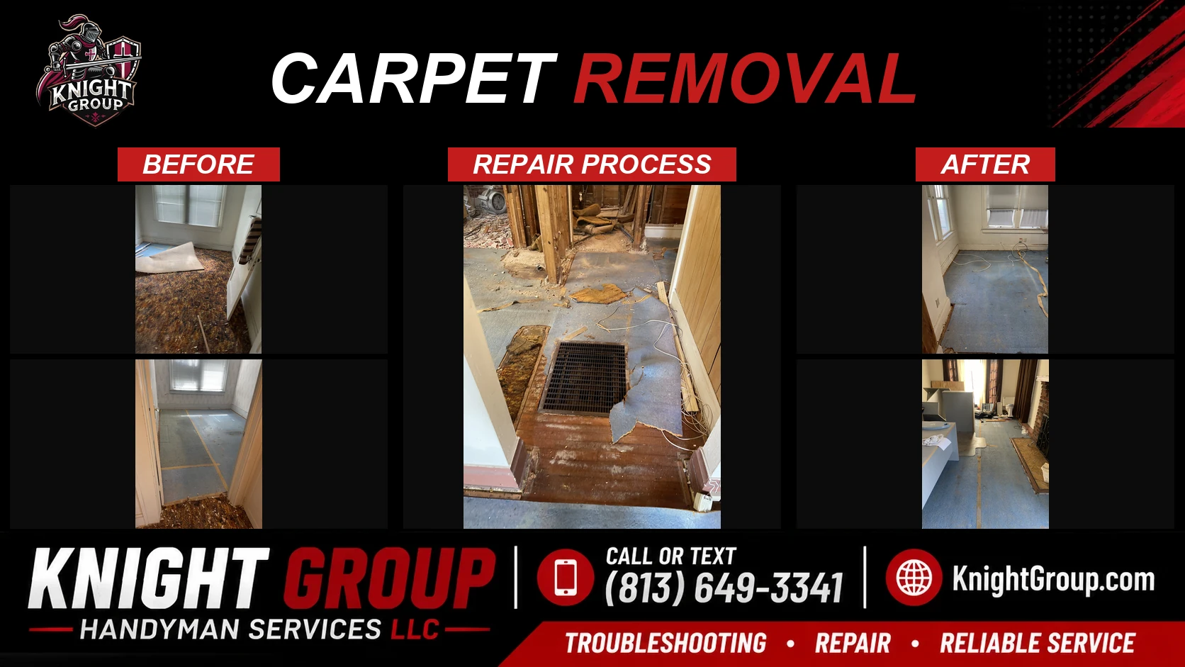 Carpet removal before and after — handyman project photo in Pinellas County FL by Knight Group