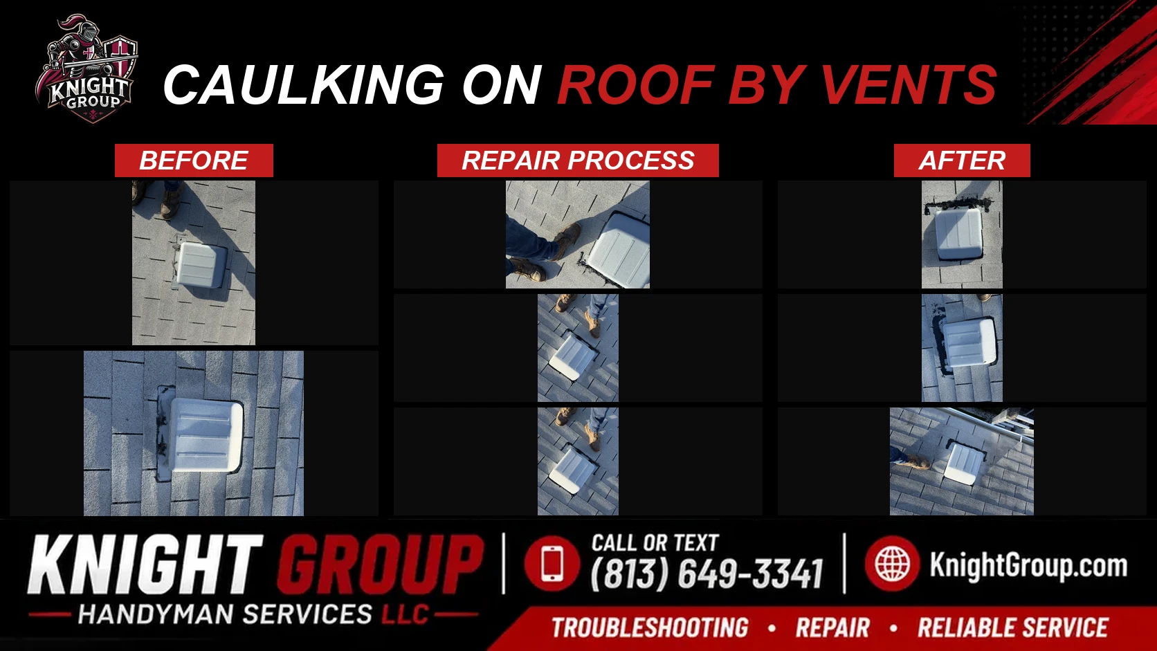 caulking on roof by vents before and after — handyman project photo in Pinellas County FL by Knight Group