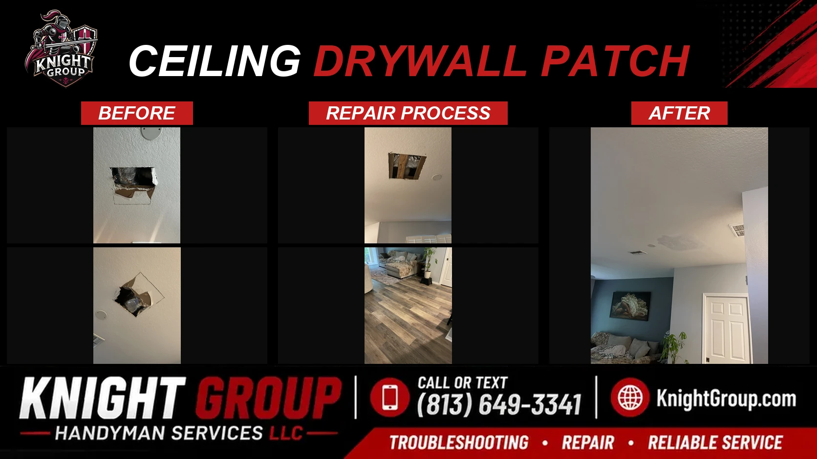 Ceiling Drywall Patch before and after — handyman project photo in Pinellas County FL by Knight Group