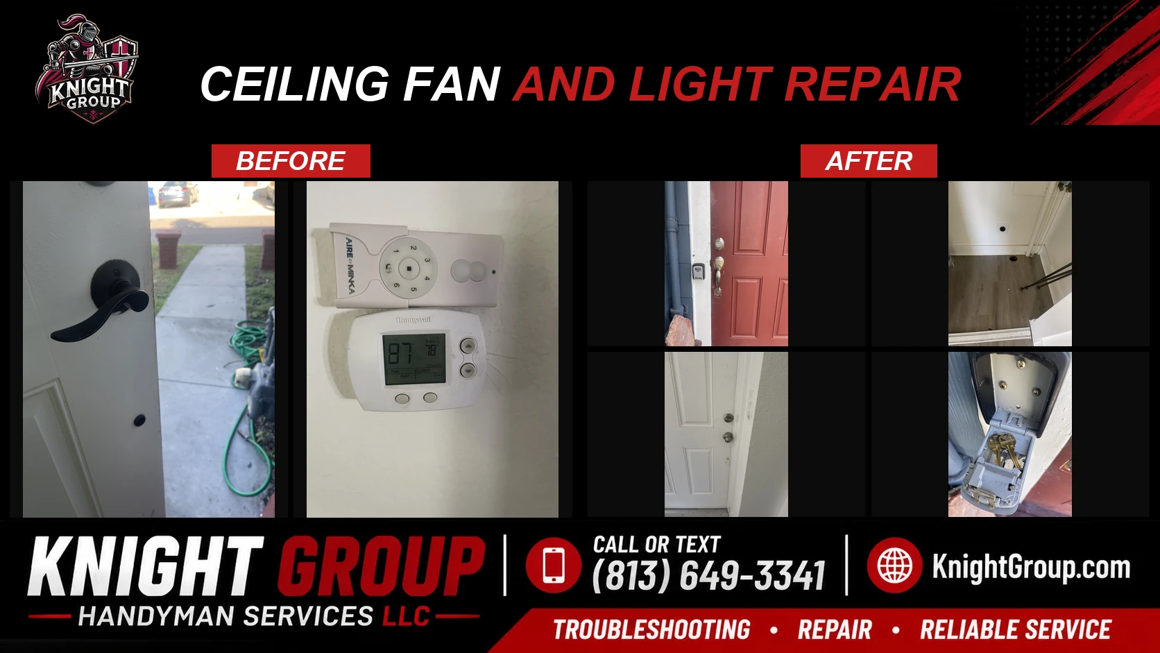 Ceiling fan and light repair before and after — handyman project photo in Pinellas County FL by Knight Group