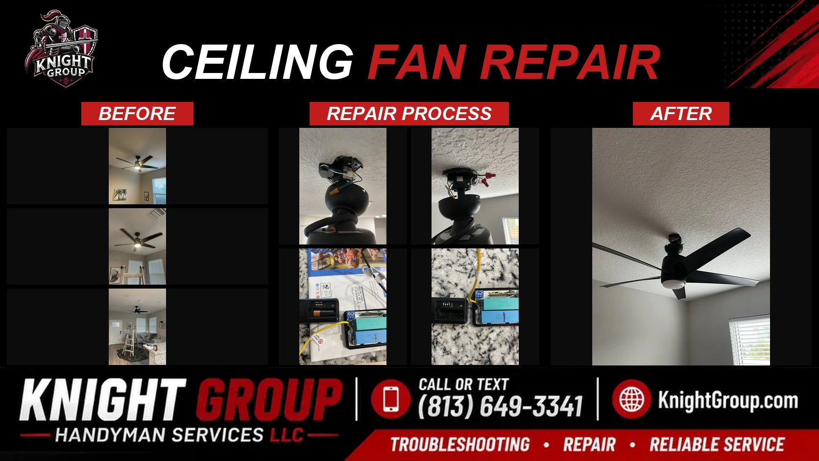 Ceiling fan repair before and after — handyman project photo in Pinellas County FL by Knight Group