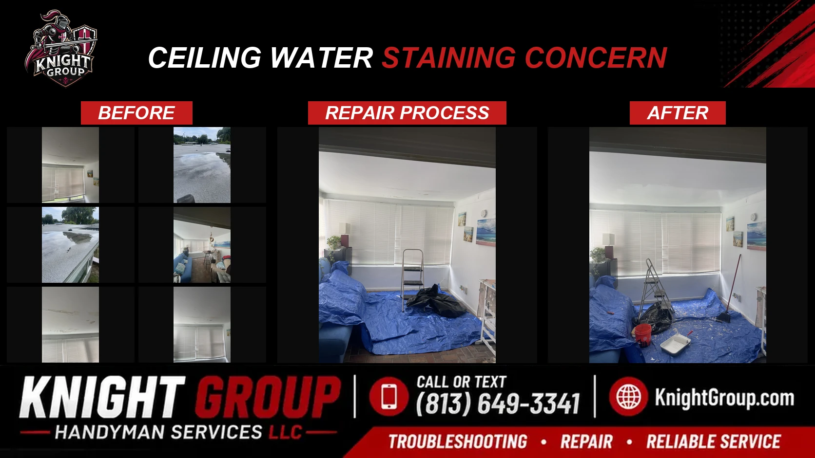 Ceiling water staining concern before and after — handyman project photo in Pinellas County FL by Knight Group