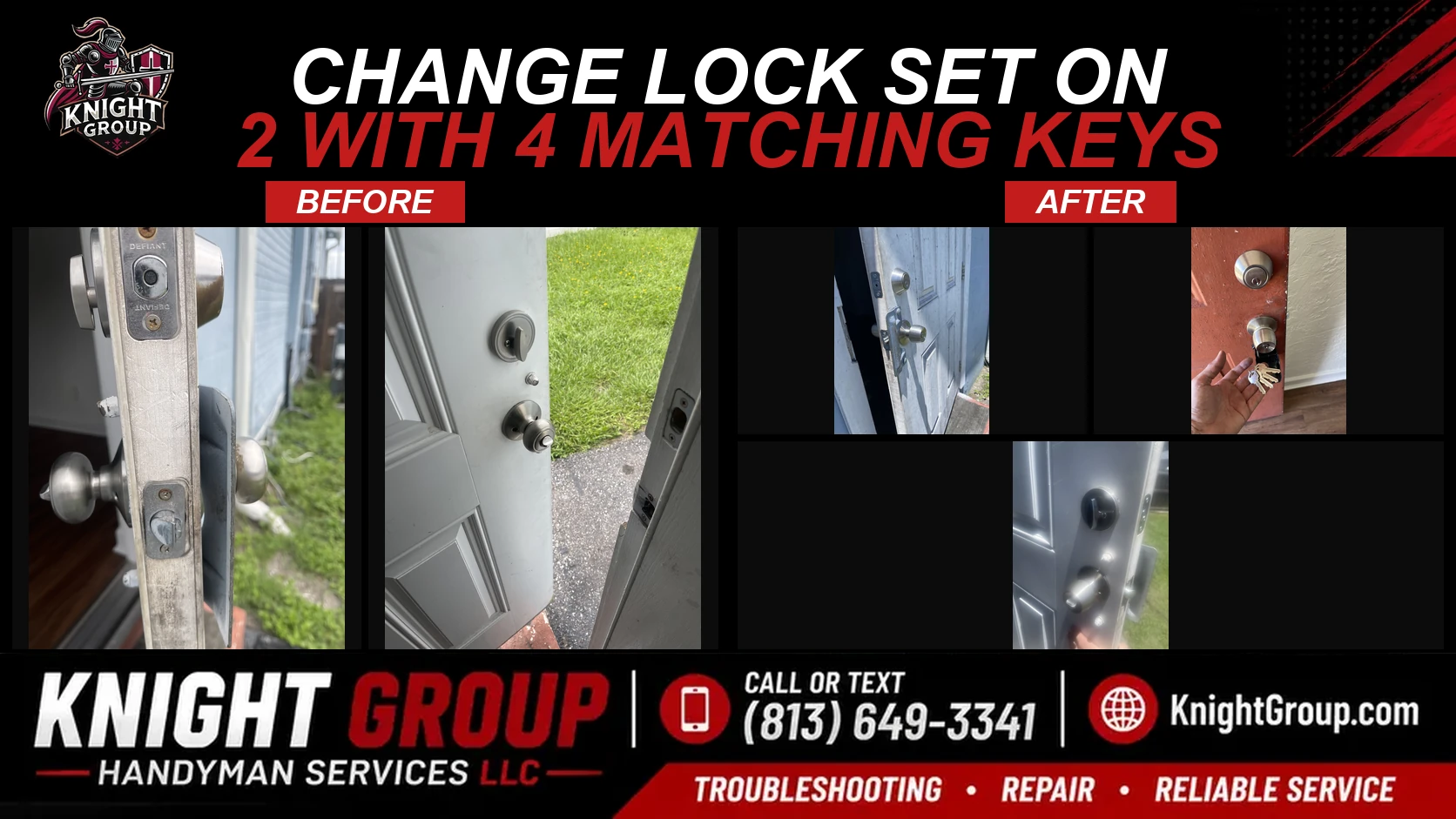 Change lock set on 2 with 4 matching keys before and after — handyman project photo in Pinellas County FL by Knight Group