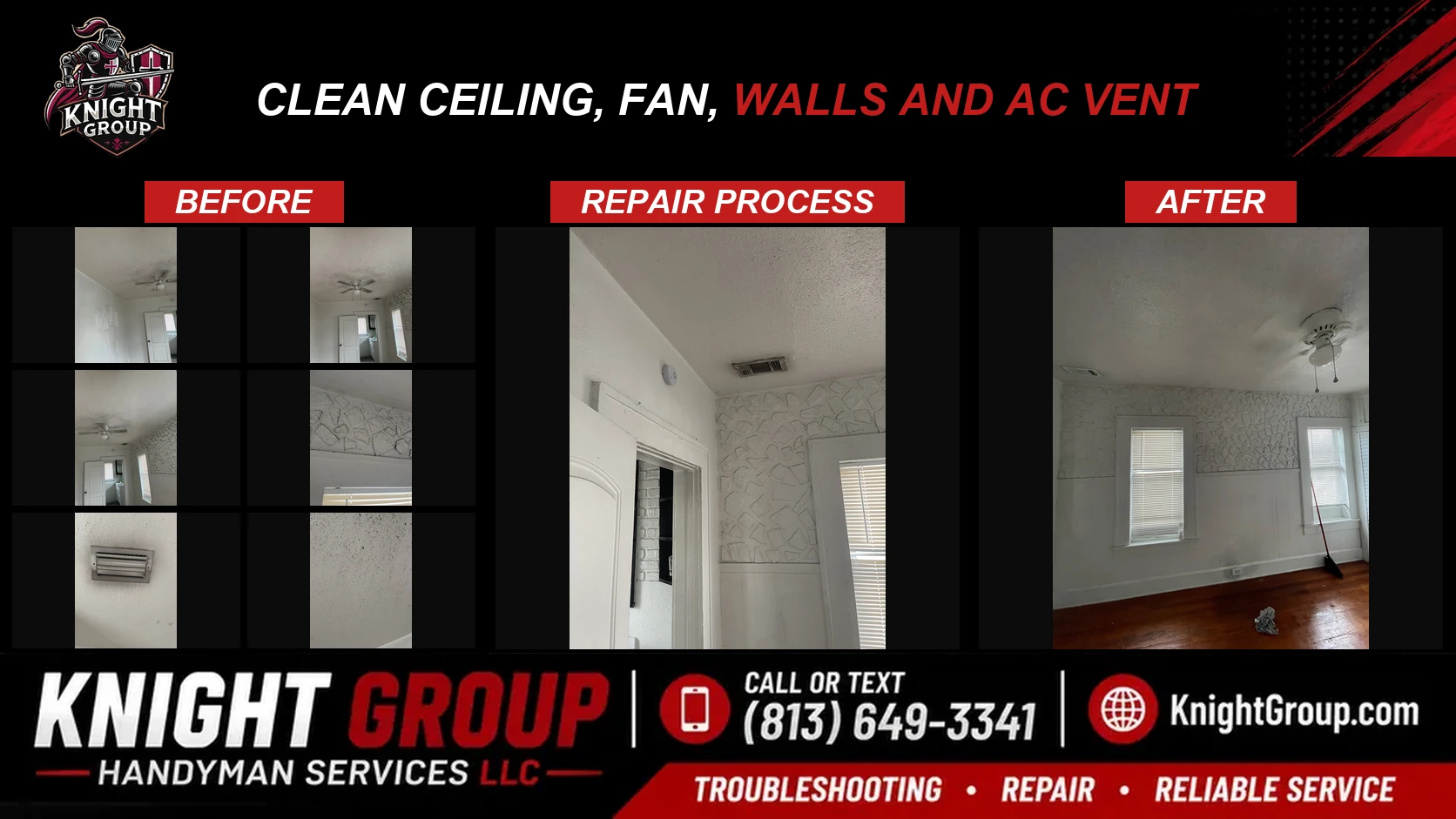 Historical project photo: Clean ceiling, fan, walls and AC vent — before & after