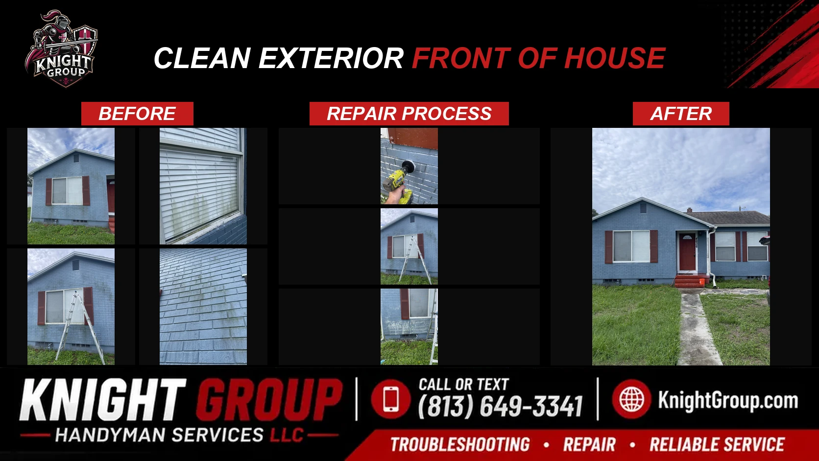 Clean exterior front of house before and after — handyman project photo in Pinellas County FL by Knight Group
