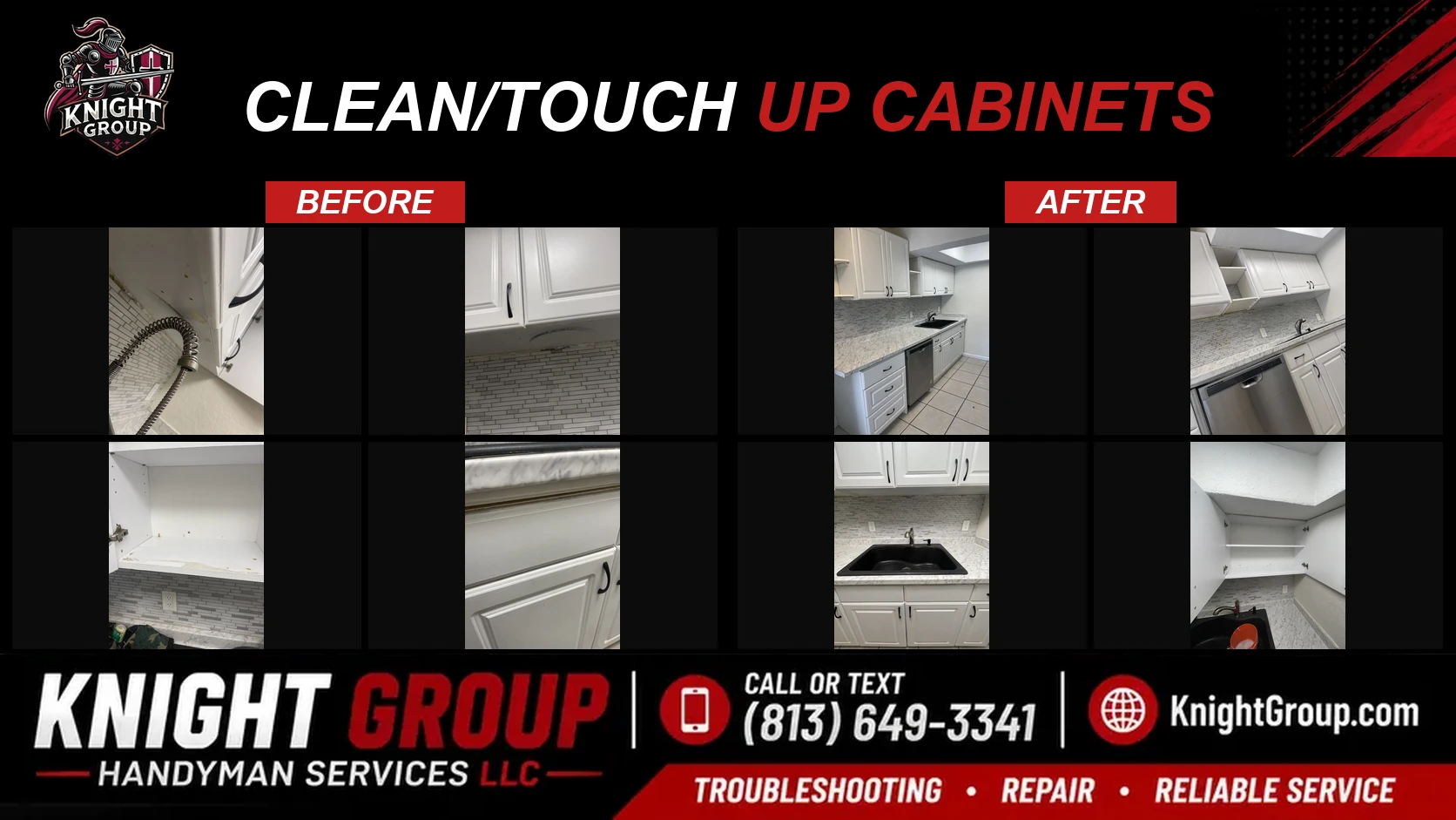 Clean/touch up cabinets before and after — handyman project photo in Pinellas County FL by Knight Group