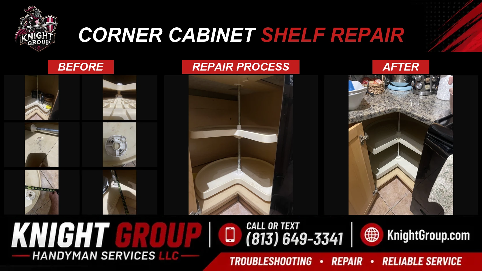 Corner Cabinet Shelf Repair before and after — handyman project photo in Pinellas County FL by Knight Group