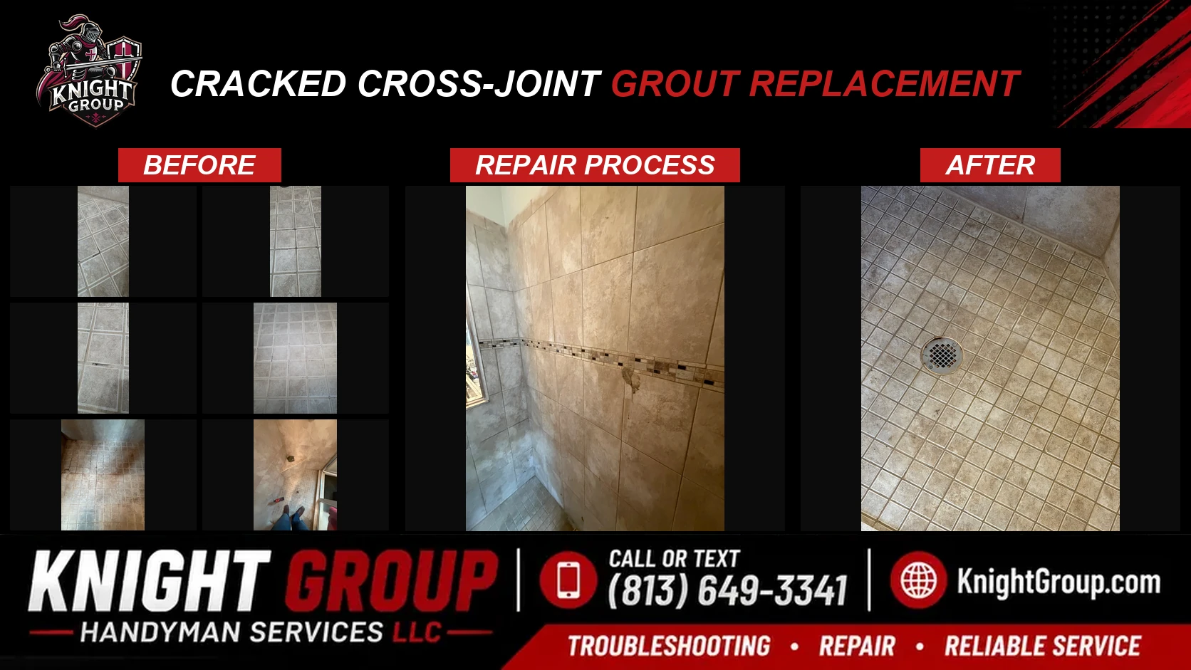 Cracked cross-joint grout replacement before and after — handyman project photo in Pinellas County FL by Knight Group