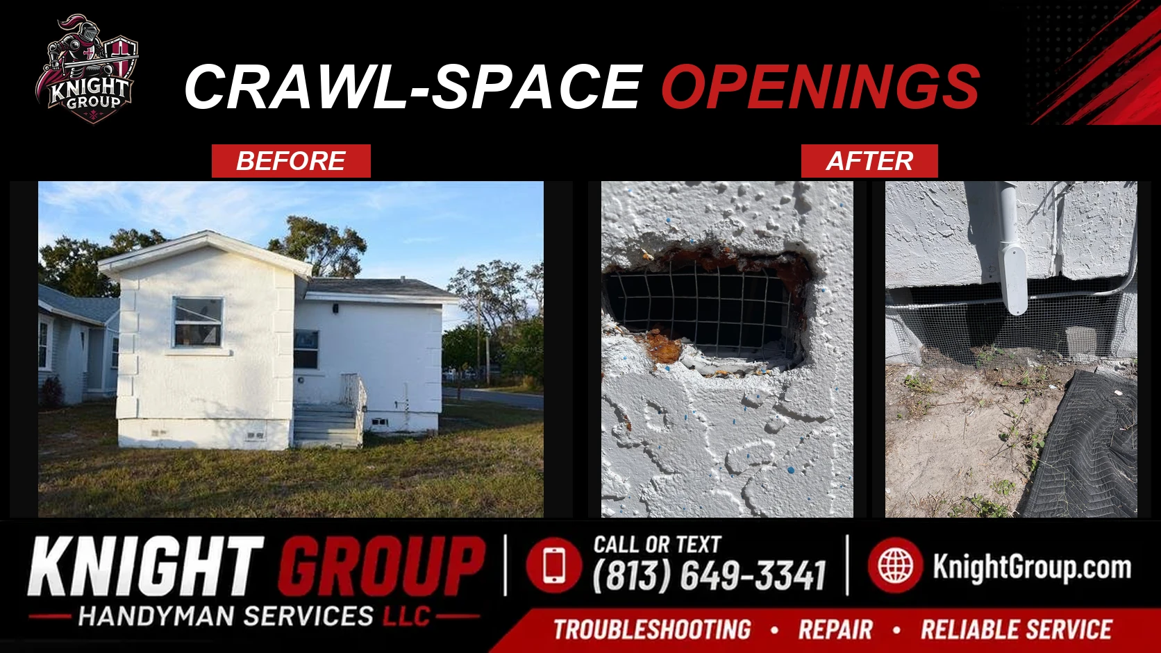 Crawl-space openings before and after — handyman project photo in Pinellas County FL by Knight Group