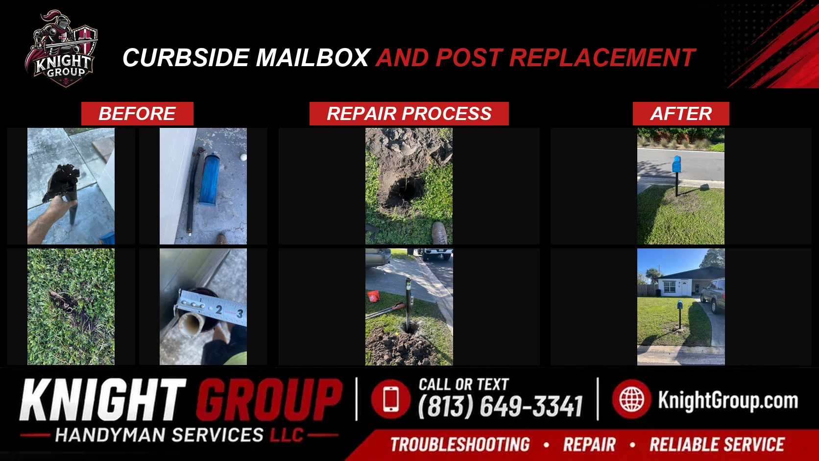 Curbside mailbox and post replacement before and after — handyman project photo in Pinellas County FL by Knight Group