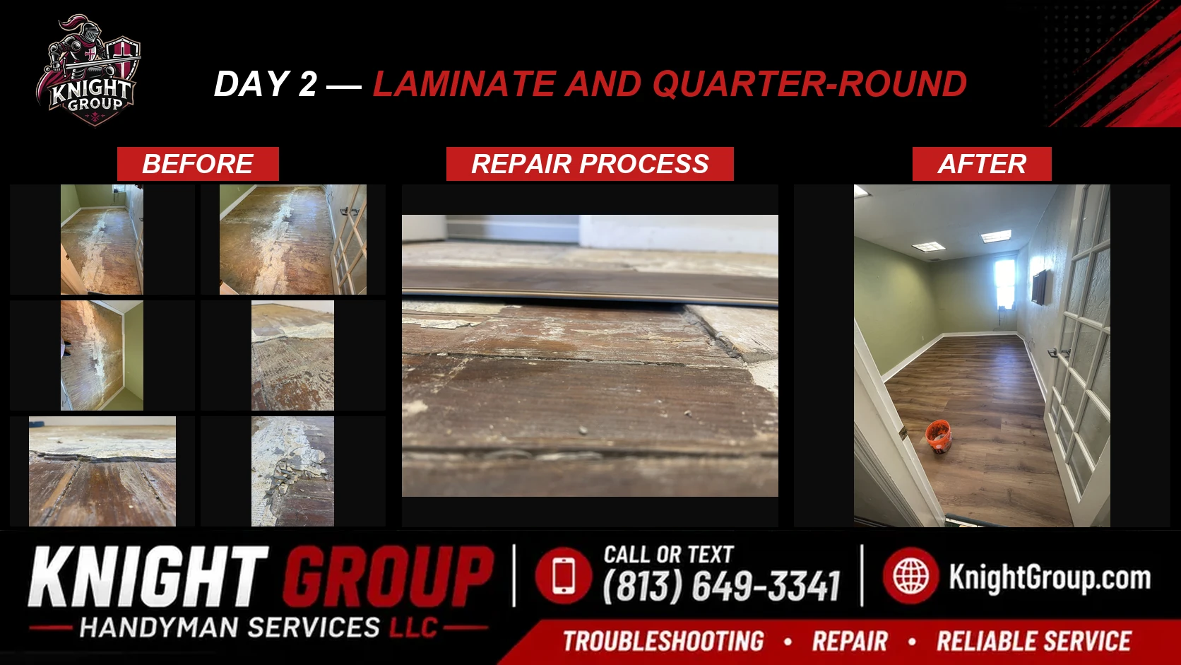 Day 2 — laminate and quarter-round before and after — handyman project photo in Pinellas County FL by Knight Group