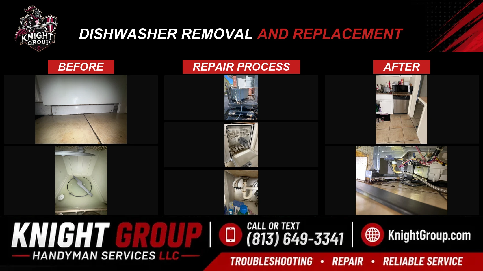 Dishwasher removal and replacement before and after — handyman project photo in Pinellas County FL by Knight Group