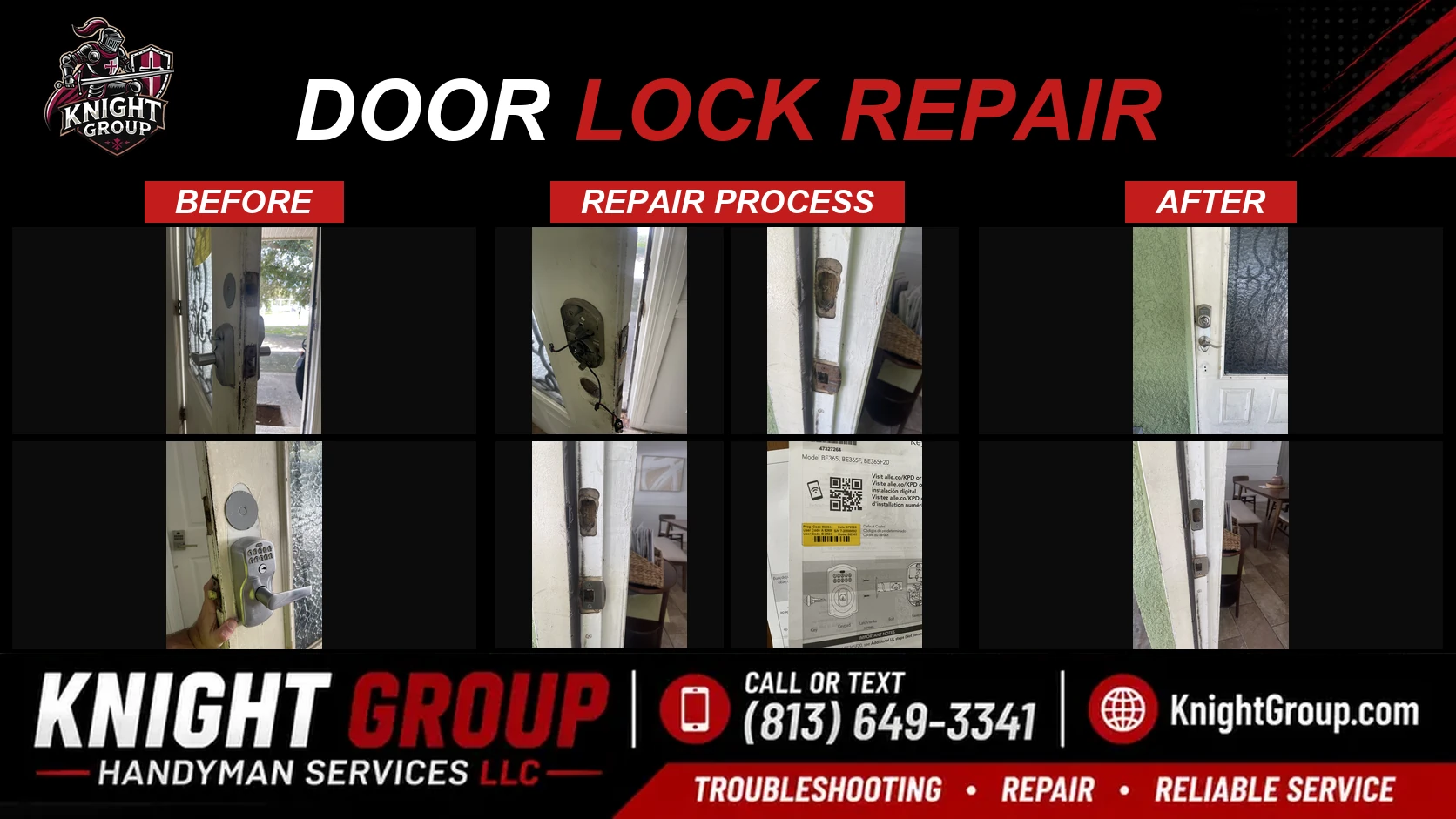 Door lock repair before and after — handyman project photo in Pinellas County FL by Knight Group