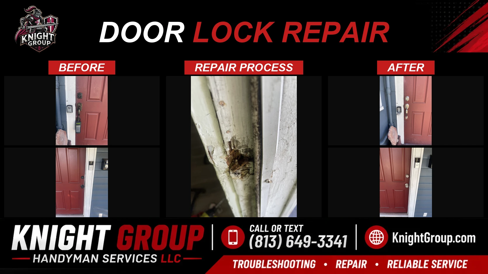 Door lock repair before and after — handyman project photo in Pinellas County FL by Knight Group