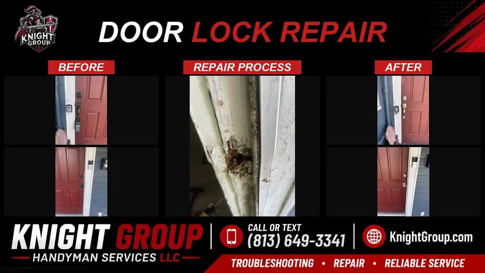 Forced door-frame damage repaired and lockset replaced — before, process, and after from a Knight Group job in Pinellas County