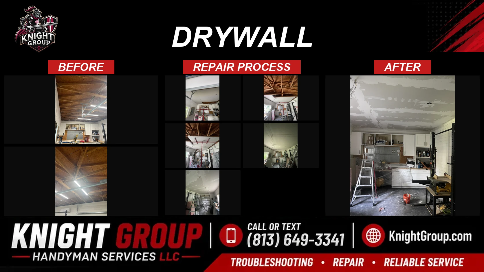Drywall before and after — handyman project photo in Pinellas County FL by Knight Group