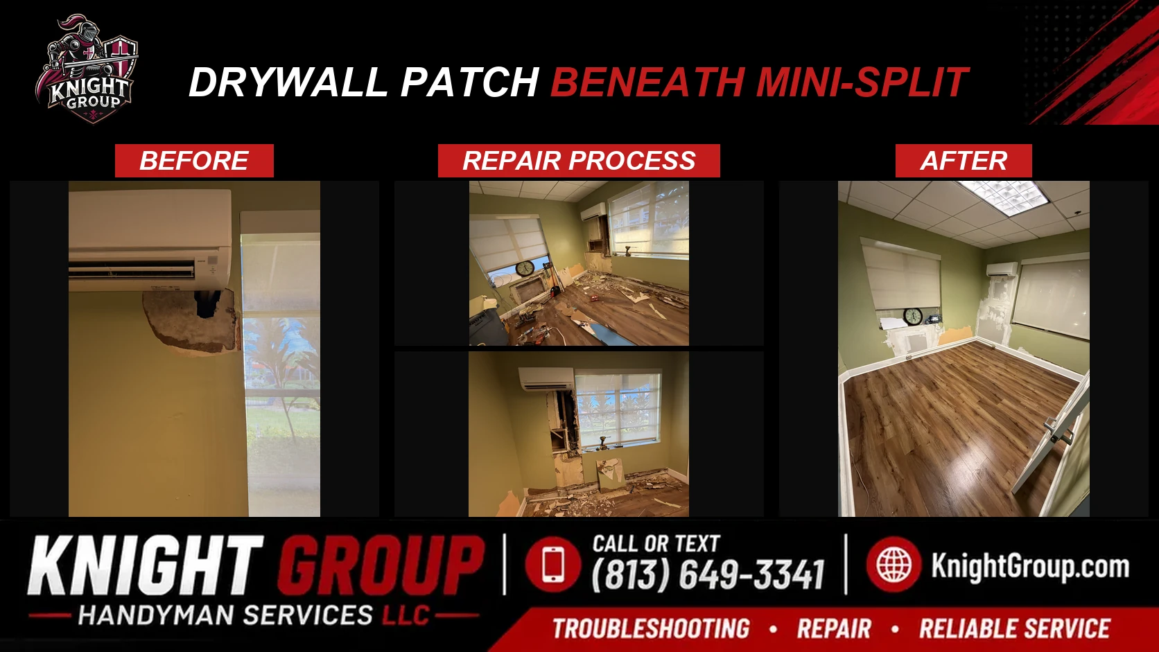 Drywall patch beneath mini-split before and after — handyman project photo in Pinellas County FL by Knight Group
