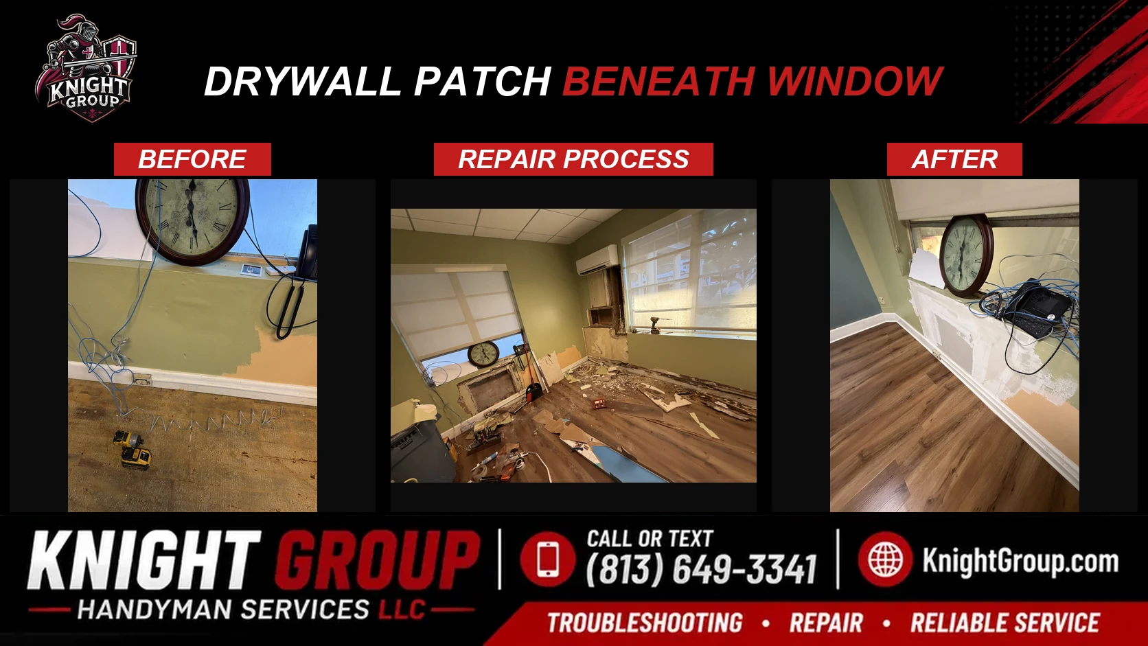 Drywall patch beneath window before and after — handyman project photo in Pinellas County FL by Knight Group