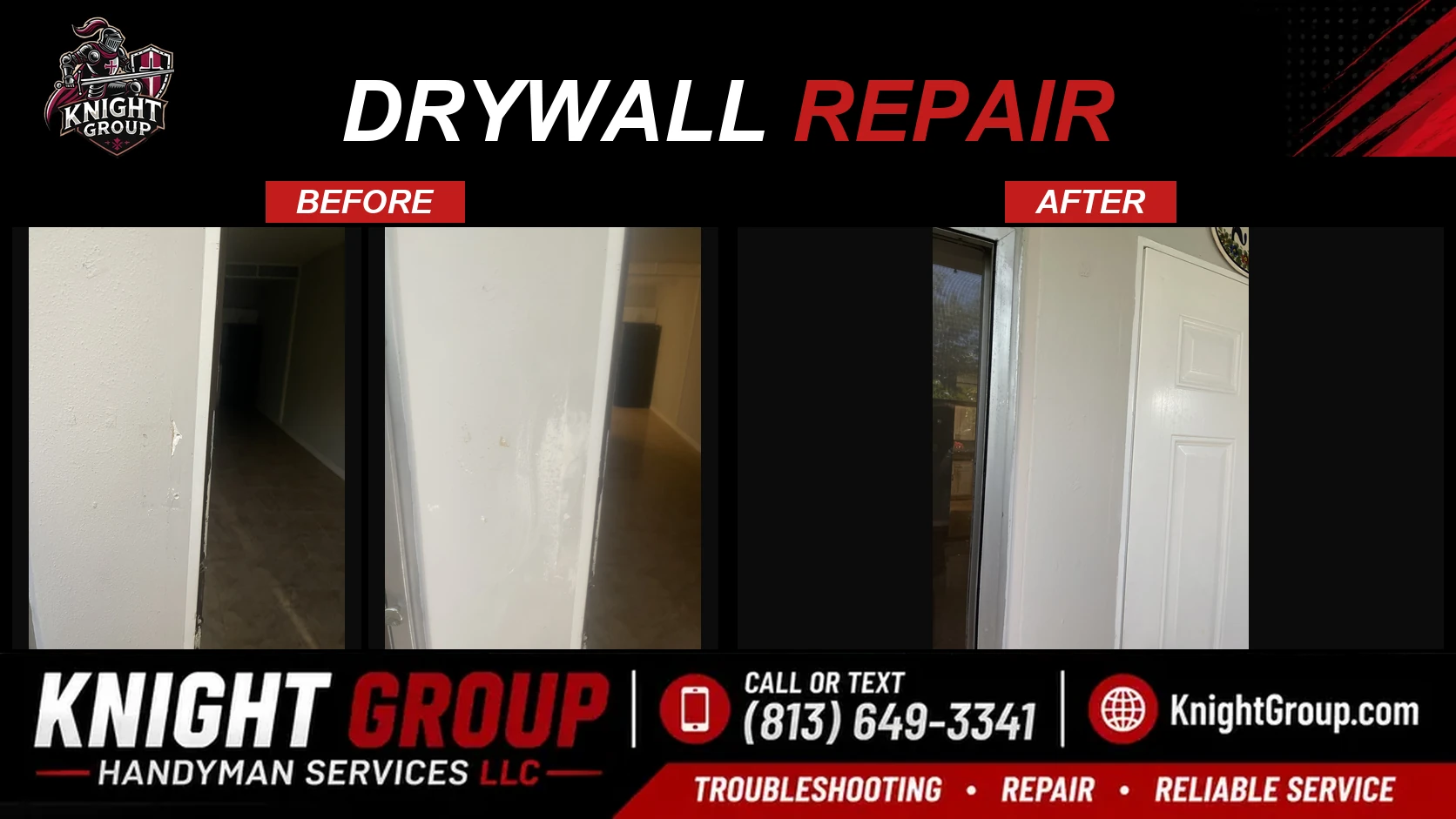 Drywall repair before and after — handyman project photo in Pinellas County FL by Knight Group