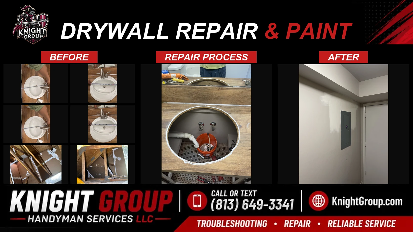 drywall repair & paint before and after — handyman project photo in Pinellas County FL by Knight Group