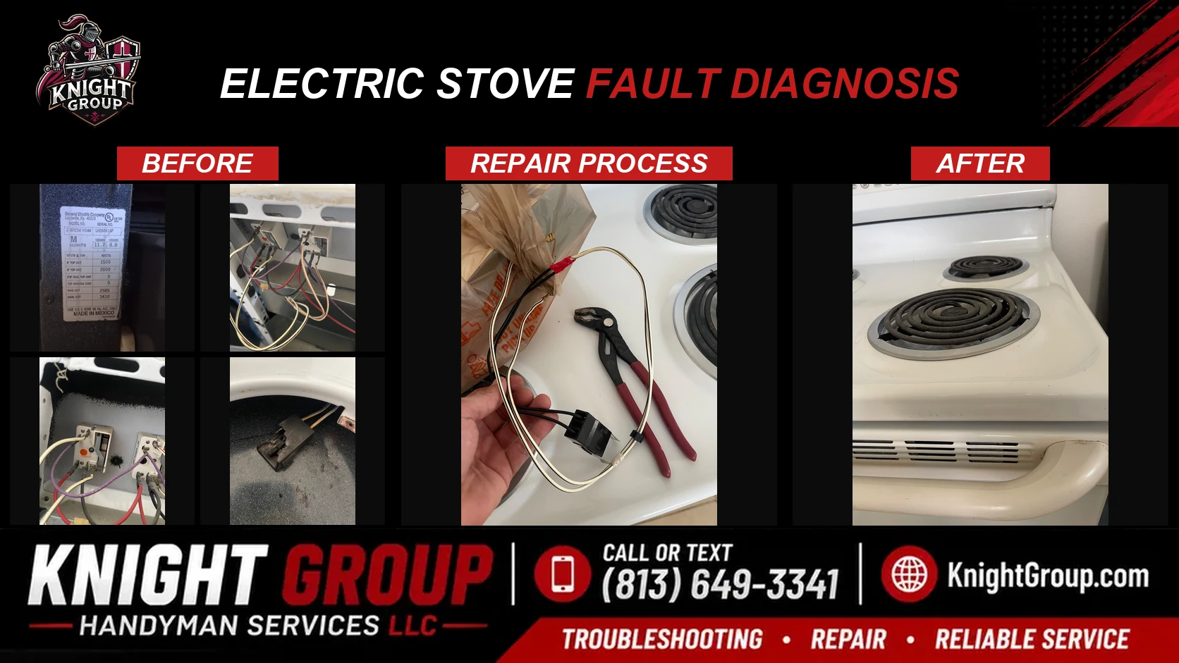 Electric stove fault diagnosis before and after — handyman project photo in Pinellas County FL by Knight Group