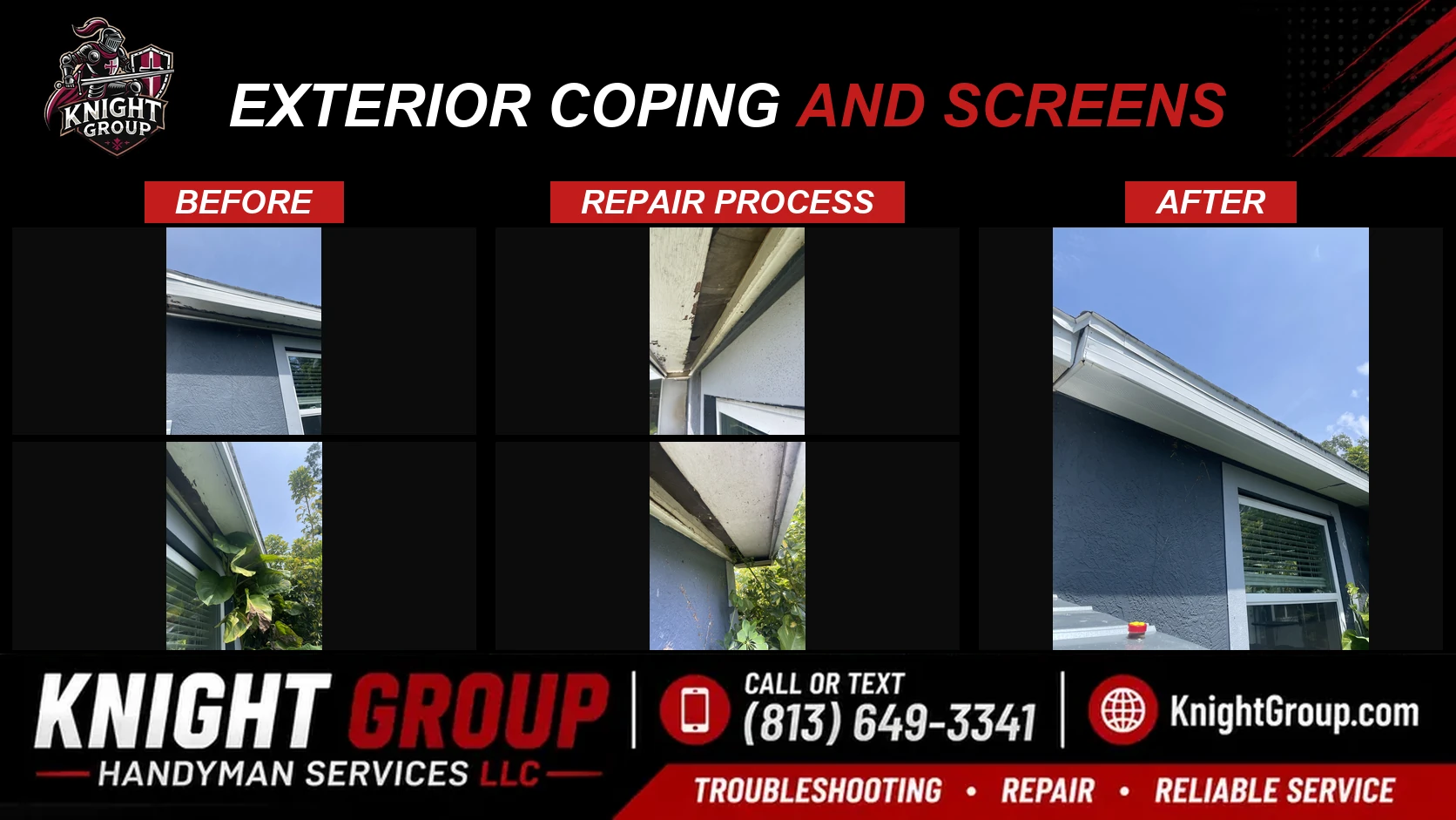 Exterior coping and screens before and after — handyman project photo in Pinellas County FL by Knight Group