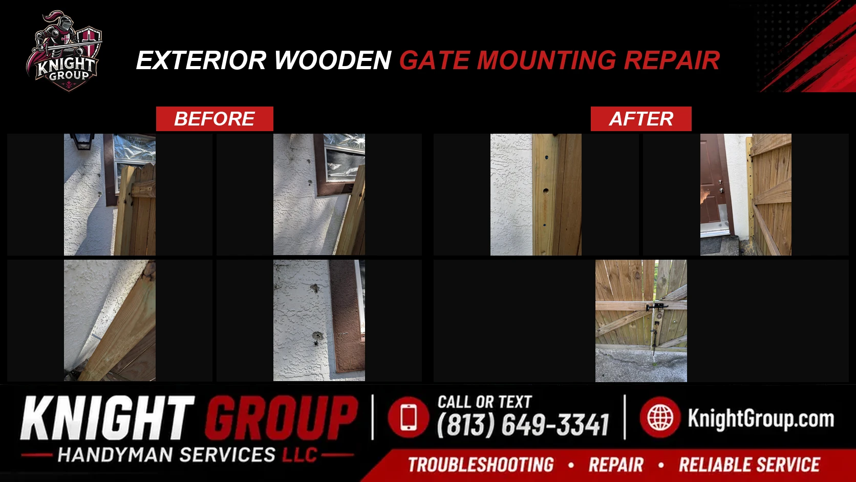 Exterior wooden gate mounting repair before and after — handyman project photo in Pinellas County FL by Knight Group
