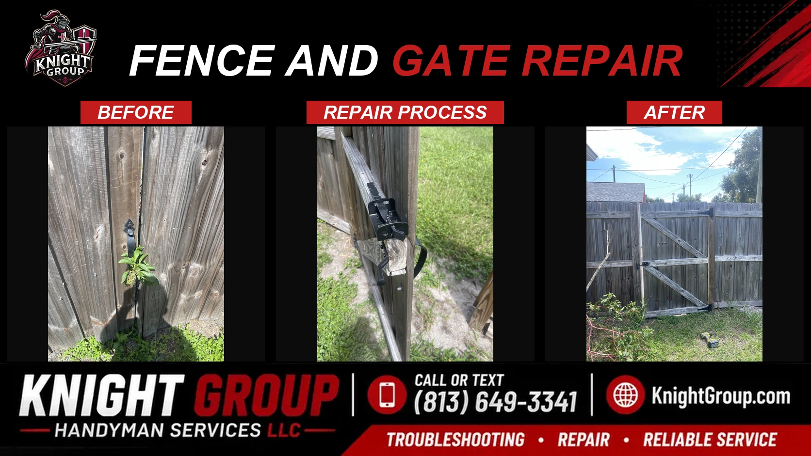 Fence and gate repair before and after — handyman project photo in Pinellas County FL by Knight Group