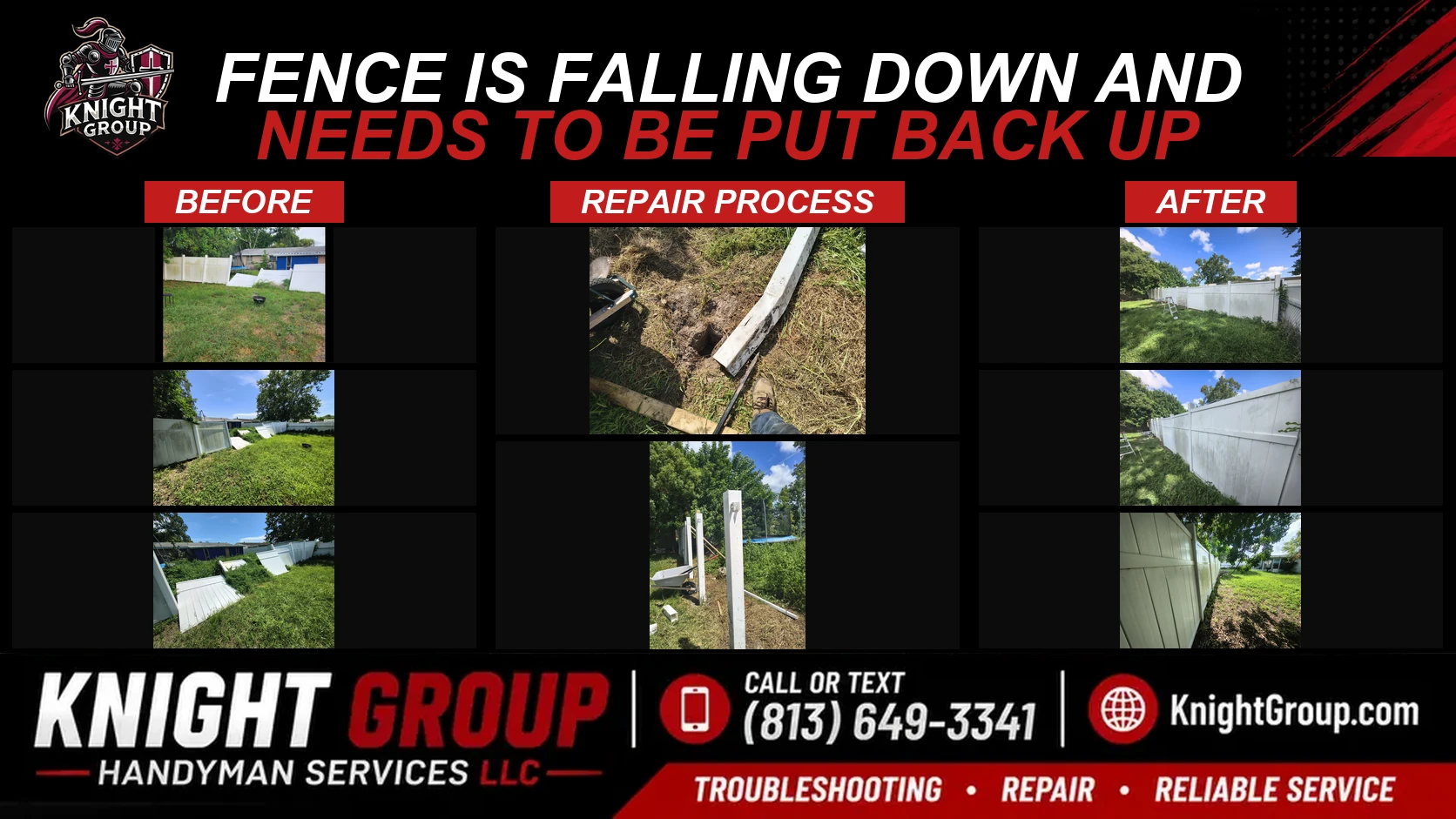 Fence is falling down and needs to be put back up before and after — handyman project photo in Pinellas County FL by Knight Group