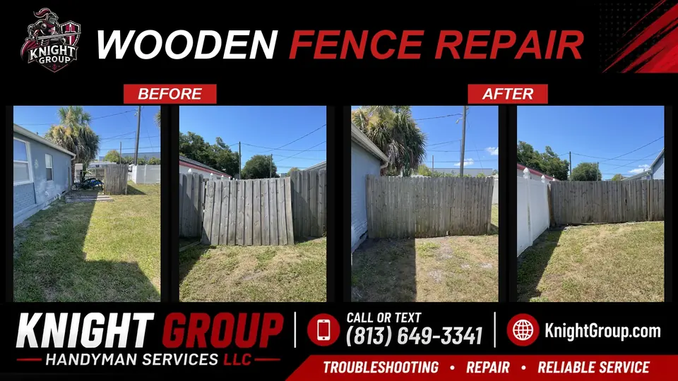 Leaning wood fence straightened — before and after from a Knight Group job in Pinellas County
