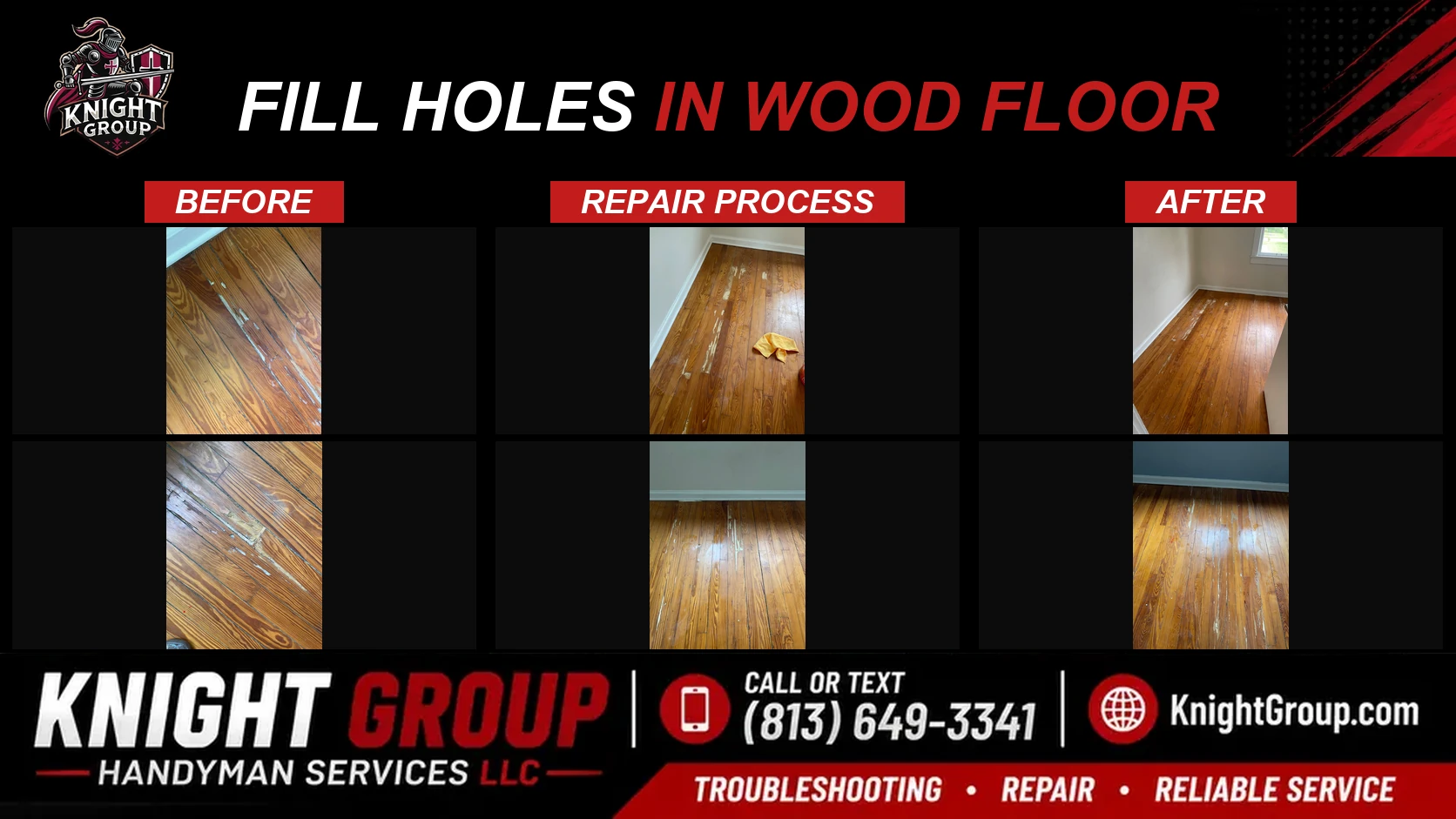 Fill holes in wood floor before and after — handyman project photo in Pinellas County FL by Knight Group