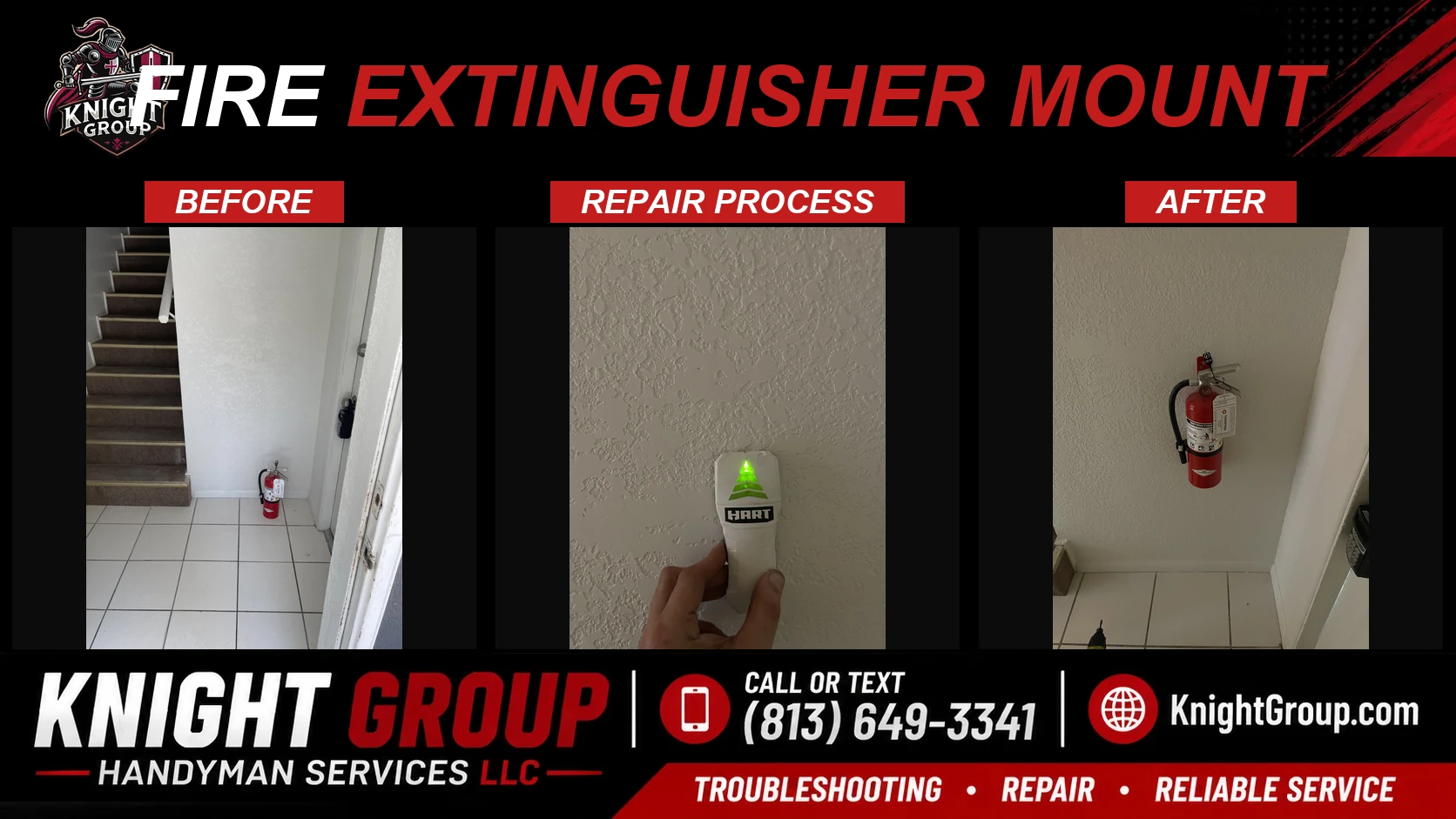 Fire extinguisher mount before and after — handyman project photo in Pinellas County FL by Knight Group