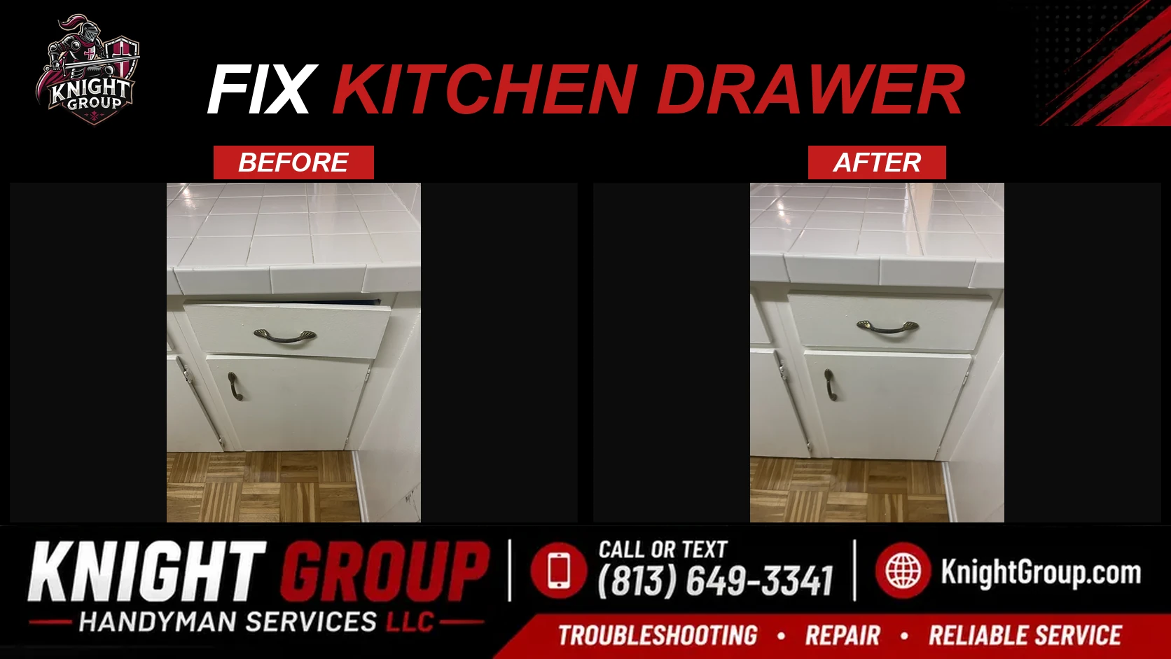 Fix kitchen drawer before and after — handyman project photo in Pinellas County FL by Knight Group