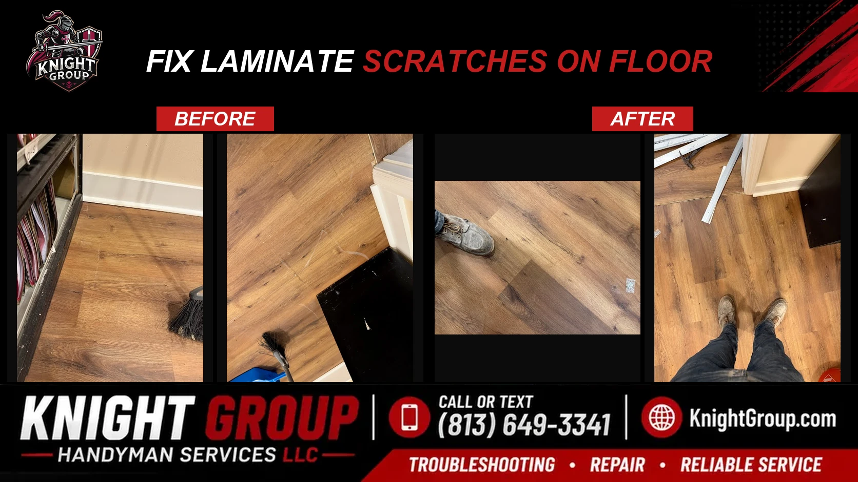 Fix Laminate Scratches on Floor before and after — handyman project photo in Pinellas County FL by Knight Group