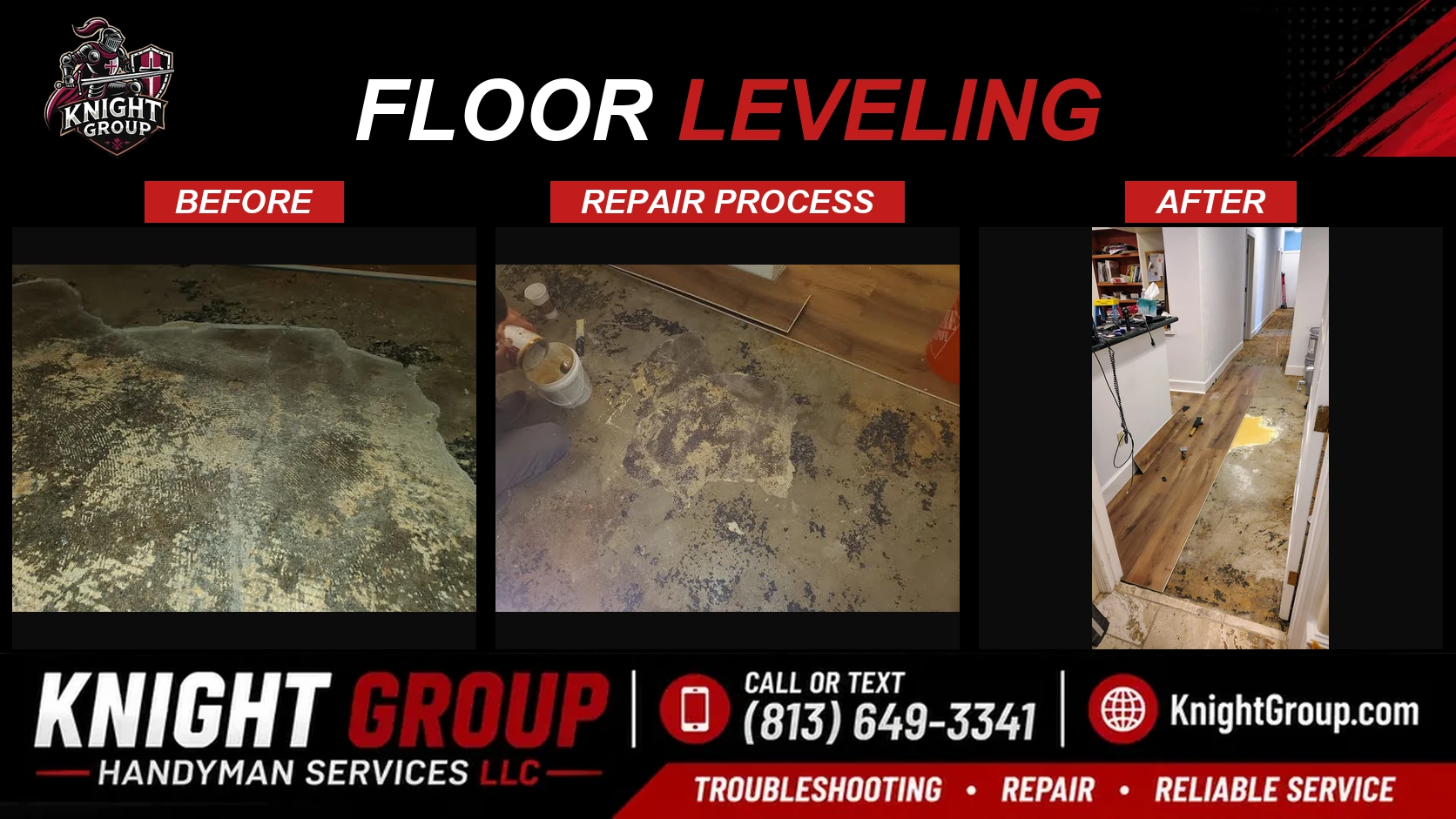 Floor leveling before and after — handyman project photo in Pinellas County FL by Knight Group