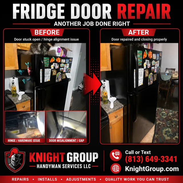 Refrigerator door alignment before and after — handyman project photo in Pinellas County FL by Knight Group
